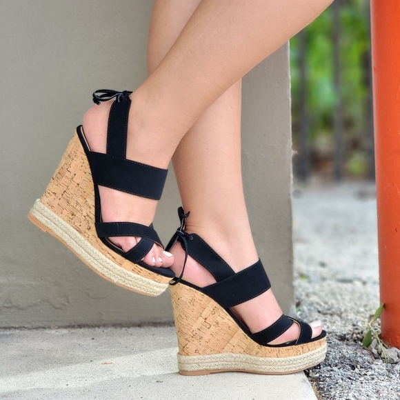 Women's Black Cork Wedge Espadrille High Heel Platform - Picture 1 of 5